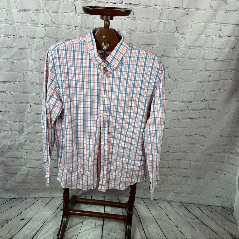 J. CREW pink blue plaid shirt mens large pastel preppy business casual office
